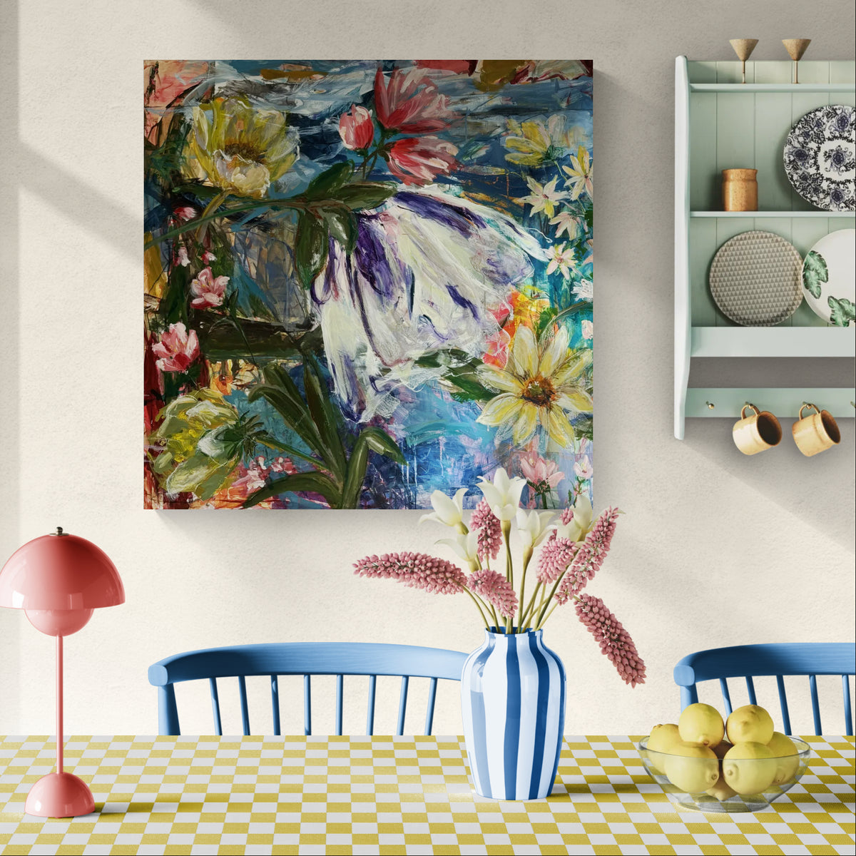 De g(l)emte fugle, 100x100 cm - blomsterinspireret originalt maleri