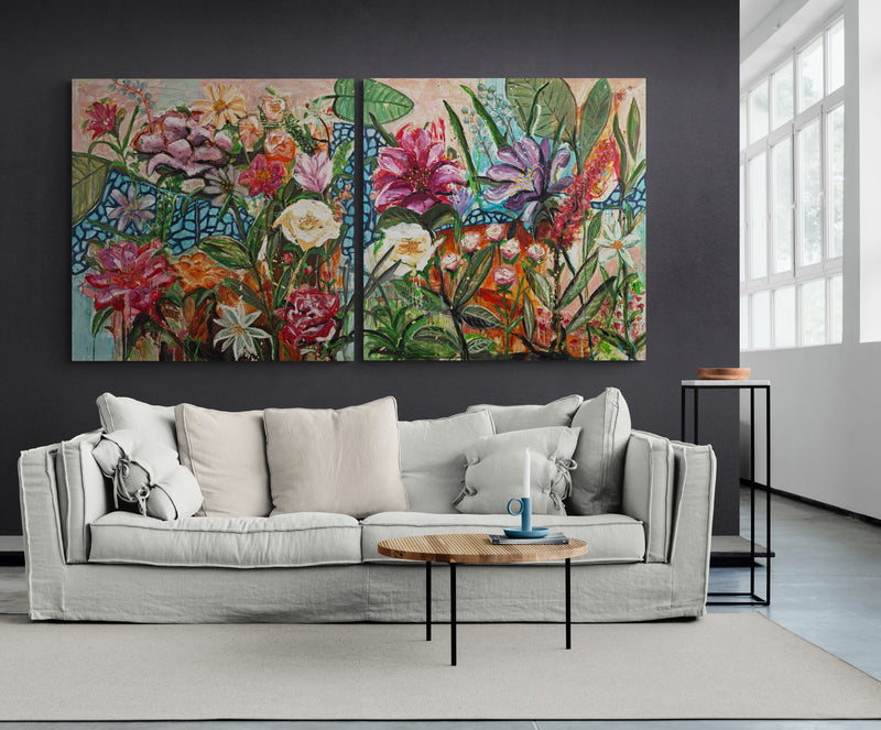 Happy garden life 1, 100x100 cm - blomsterinspireret originalt maleri