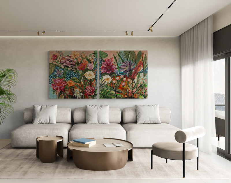 Happy garden life 1, 100x100 cm - blomsterinspireret originalt maleri