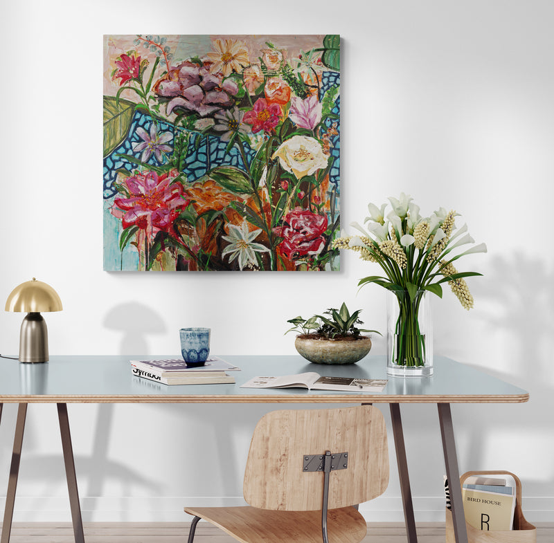 Happy garden life 1, 100x100 cm - blomsterinspireret originalt maleri