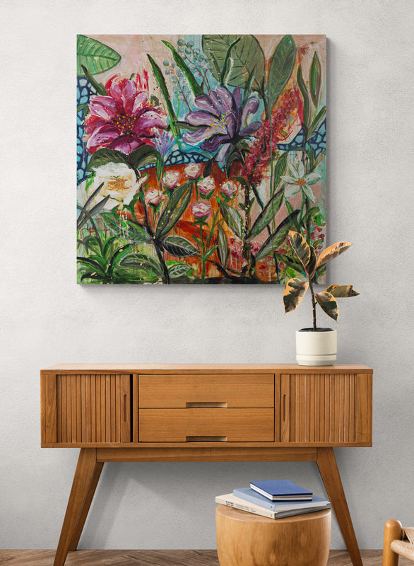 Happy garden life 2, 100x100 cm - blomsterinspireret originalt maleri