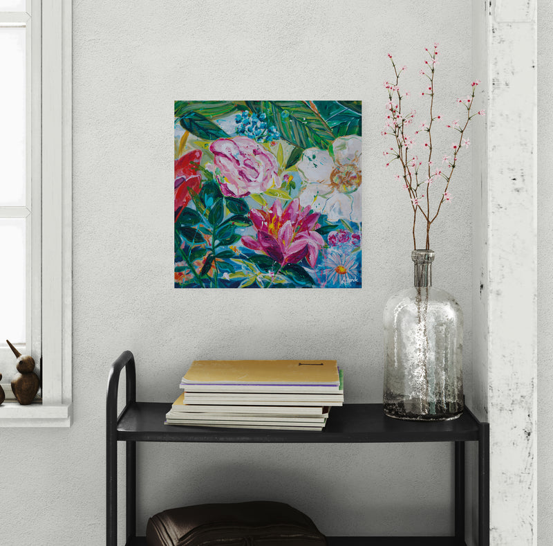 Garden of secrets 2, 50x50 cm - blomsterinspireret originalt maleri