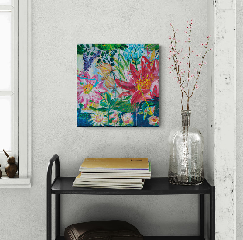 Garden of secrets 1, 50x50 cm - blomsterinspireret originalt maleri