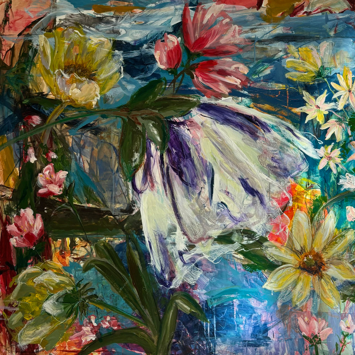 De g(l)emte fugle, 100x100 cm - blomsterinspireret originalt maleri