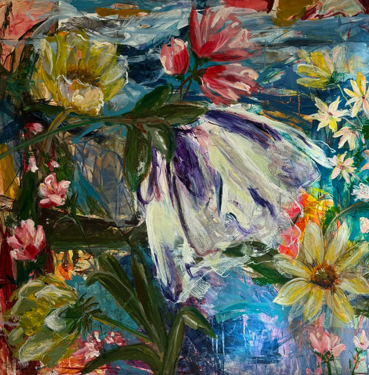 De g(l)emte fugle, 100x100 cm - blomsterinspireret originalt maleri