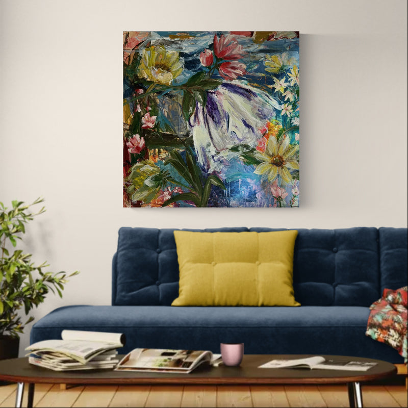 De g(l)emte fugle, 100x100 cm - blomsterinspireret originalt maleri