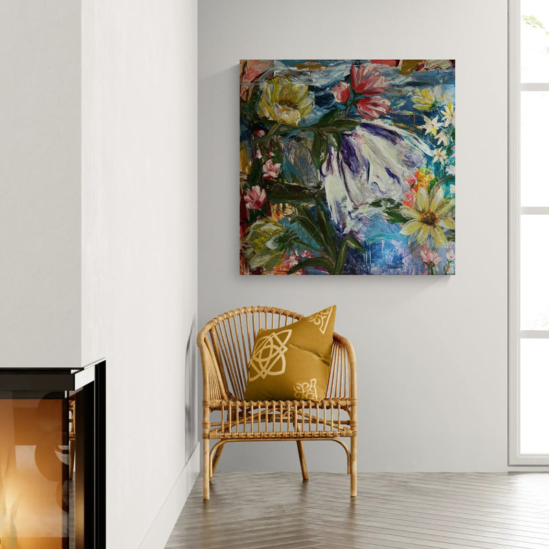 De g(l)emte fugle, 100x100 cm - blomsterinspireret originalt maleri