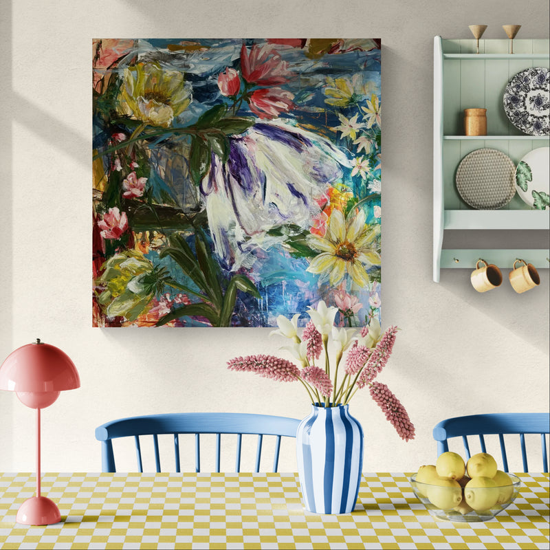 De g(l)emte fugle, 100x100 cm - blomsterinspireret originalt maleri