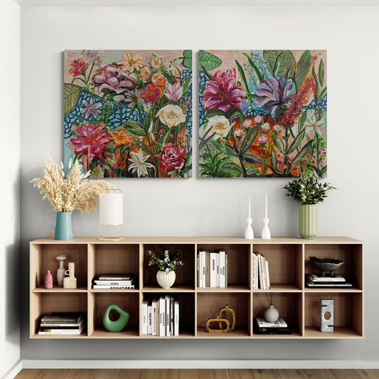 Happy garden life 1, 100x100 cm - blomsterinspireret originalt maleri