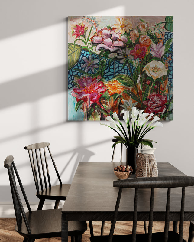 Happy garden life 1, 100x100 cm - blomsterinspireret originalt maleri