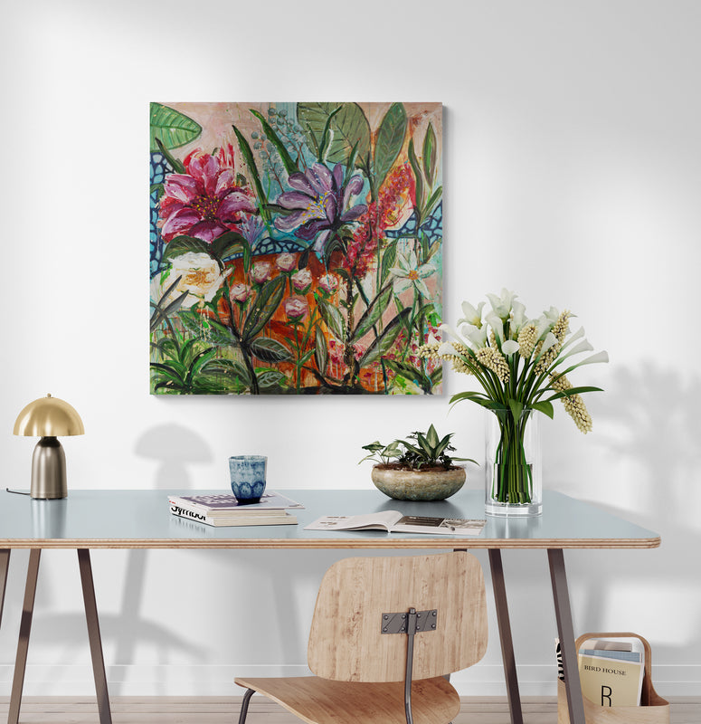 Happy garden life 2, 100x100 cm - blomsterinspireret originalt maleri