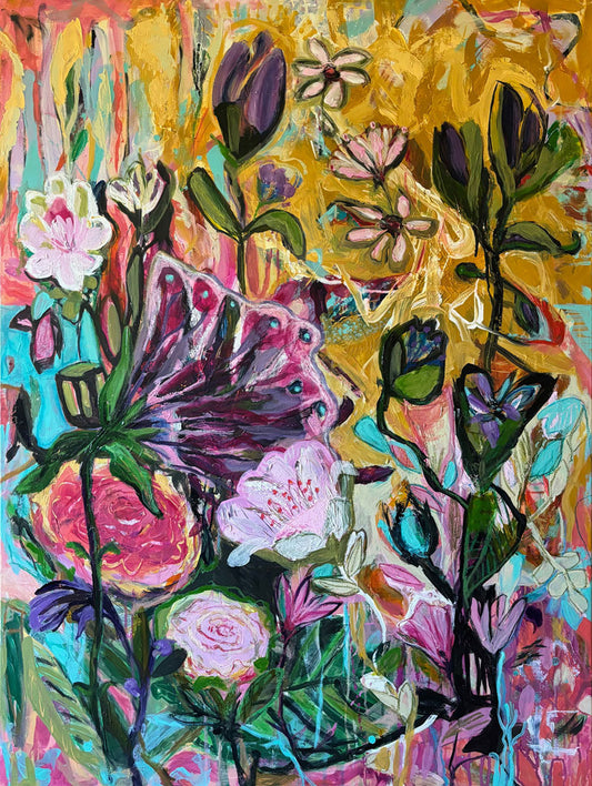 Garden party, 120x90 cm - blomsterinspireret originalt maleri