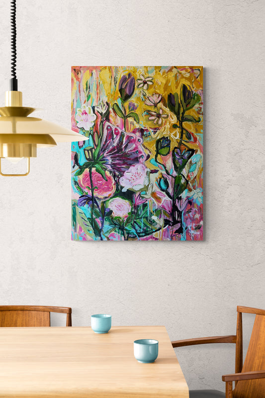 Garden party, 120x90 cm - blomsterinspireret originalt maleri