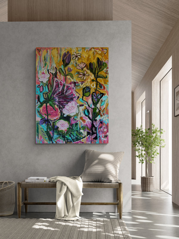 Garden party, 120x90 cm - blomsterinspireret originalt maleri