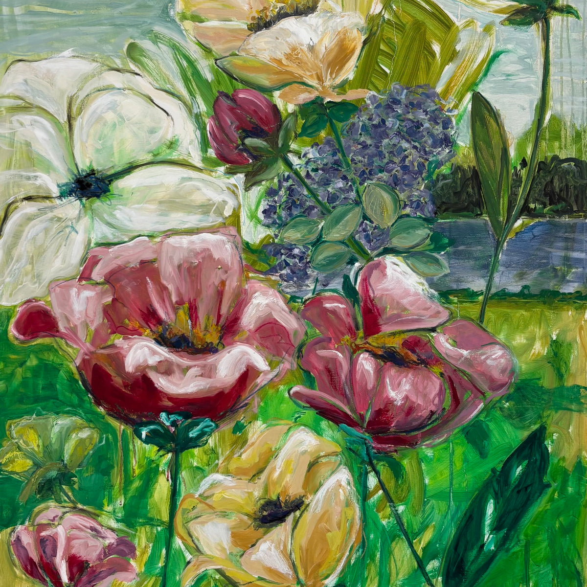 Blomstrende brise, 120x90 cm - blomsterinspireret originalt maleri