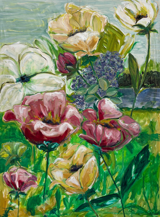 Blomstrende brise, 120x90 cm - blomsterinspireret originalt maleri