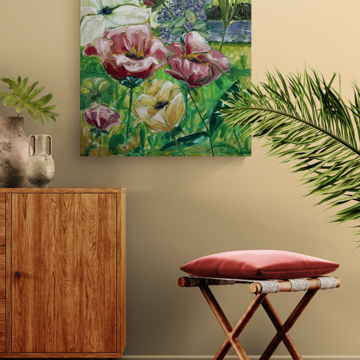 Blomstrende brise, 120x90 cm - blomsterinspireret originalt maleri