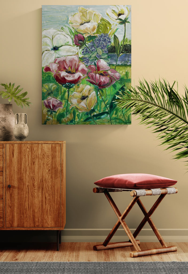 Blomstrende brise, 120x90 cm - blomsterinspireret originalt maleri