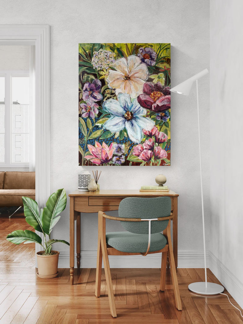 Let the Stillness Begin, 120x90 cm - blomsterinspireret originalt maleri