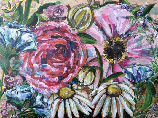 Breath of bloom, 90x120 cm - blomsterinspireret originalt maleri