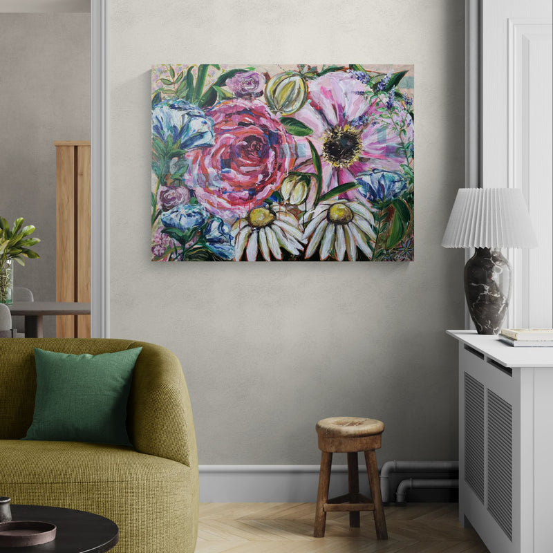 Breath of bloom, 90x120 cm - blomsterinspireret originalt maleri