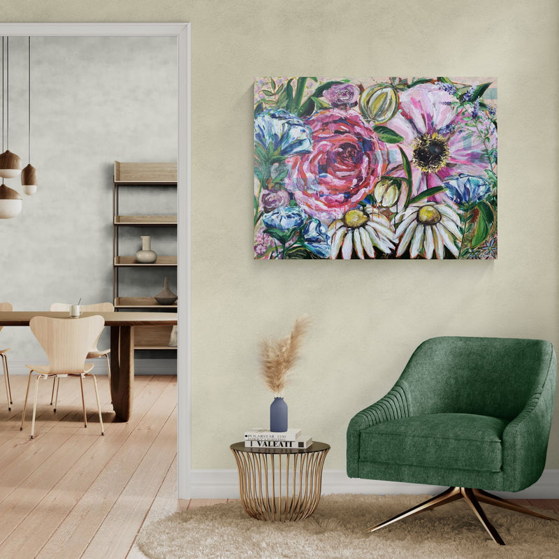Breath of bloom, 90x120 cm - blomsterinspireret originalt maleri