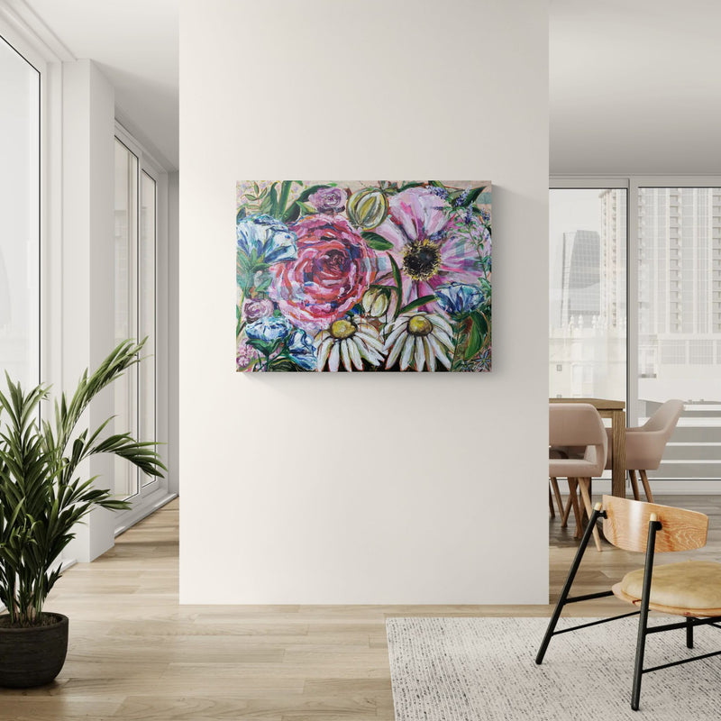 Breath of bloom, 90x120 cm - blomsterinspireret originalt maleri